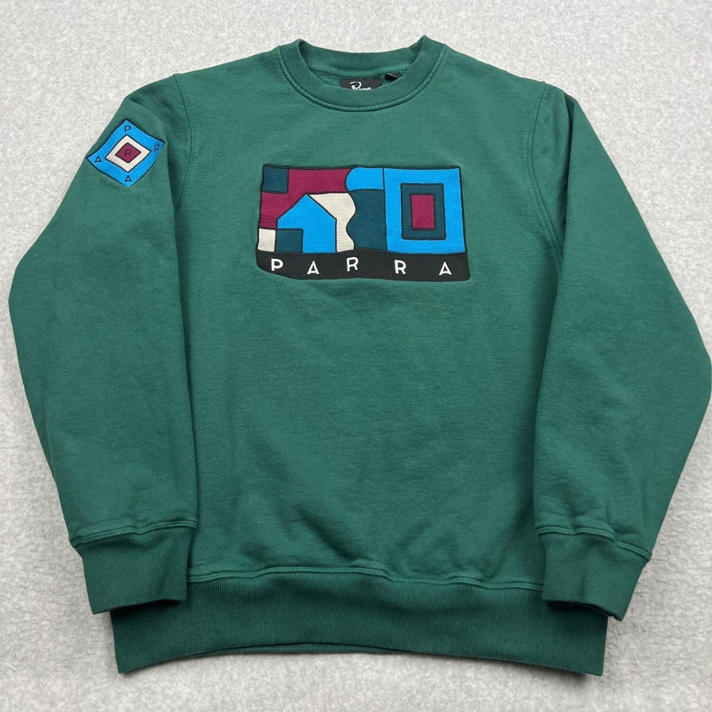 By Parra Blockhaus Crew Neck Sweatshirt Men's Small Pine‎ Green Fleece Pullover
